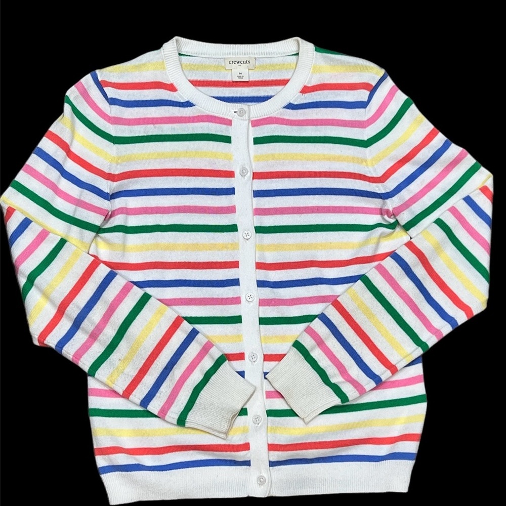 Crewcuts Sweater Girls 14 Large Pink Cardigan Cotton Button Ruffle White